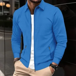 Men's Lightweight Jacket Waffle Jacket Summer Jacket Shirt Jacket Vacation Daily Soft Pocket Spring & Fall Plain Fashion Classic Lapel Regular Waffle Fabric Black White Blue Khaki Gray Jacket