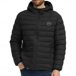 Men's Lightweight Puffer Jacket with Hood Water-Resistant Down Jacket Insulated Puffy Coat 1776 Letter Print Winter Jacket for Snow Ski Hiking Travel