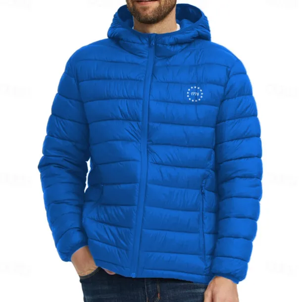 Men's Lightweight Puffer Jacket with Hood Water-Resistant Down Jacket Insulated Puffy Coat 1776 Letter Print Winter Jacket for Snow Ski Hiking Travel