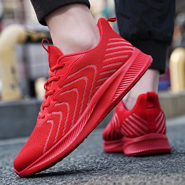 Men's Lightweight Red Mesh Running Shoes - Breathable Athletic Sneakers for Sports and Casual Wear
