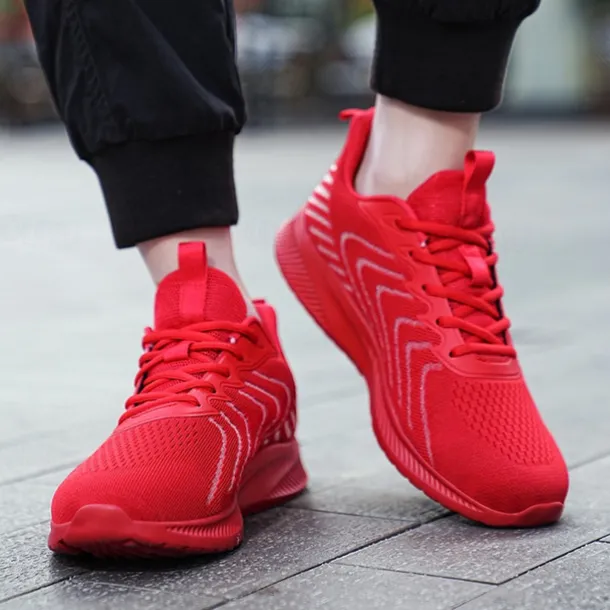 Men's Lightweight Red Mesh Running Shoes - Breathable Athletic Sneakers for Sports and Casual Wear