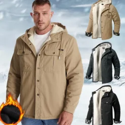 Men's Lined Fleece Hooded Shirt Jacket Sherpa Padded jacket Coat Work Flannel Button Down Shirt Jacket Winter Outdoor Thermal Warm Windproof Lightweight Outerwear Parka Hunting Ski Snowboard Fishing