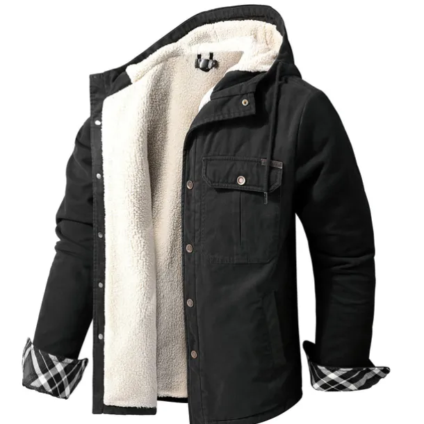 Men's Lined Fleece Hooded Shirt Jacket Sherpa Padded jacket Coat Work Flannel Button Down Shirt Jacket Winter Outdoor Thermal Warm Windproof Lightweight Outerwear Parka Hunting Ski Snowboard Fishing