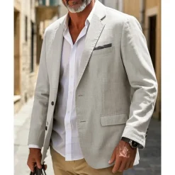 Men's Linen Blazer Blazer Business Cocktail Party Wedding Party Fashion Casual Spring & Fall Polyester Linen Plain Pocket Buttons Comfortable Single Breasted Blazer White khaki Beige