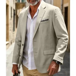 Men's Linen Blazer Blazer Business Cocktail Party Wedding Party Fashion Casual Spring & Fall Polyester Linen Plain Pocket Buttons Comfortable Single Breasted Blazer White khaki Beige