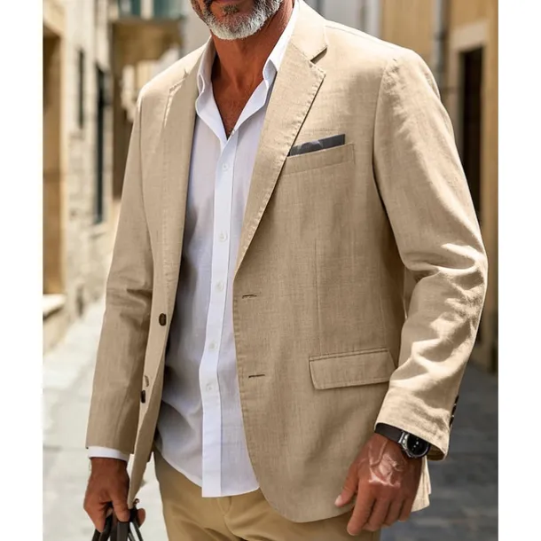 Men's Linen Blazer Blazer Business Cocktail Party Wedding Party Fashion Casual Spring & Fall Polyester Linen Plain Pocket Buttons Comfortable Single Breasted Blazer White khaki Beige