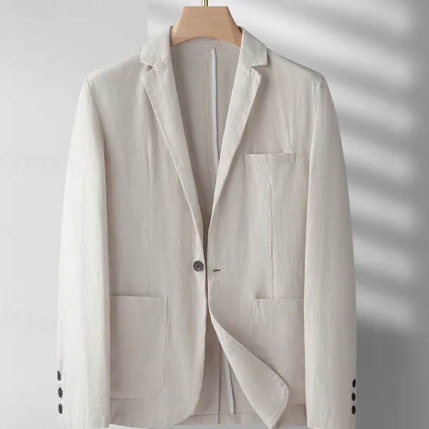 Men's Linen Blazer Blazer Business Cocktail Party Wedding Party Fashion Casual Spring & Fall Polyester Linen Plain Pocket Buttons Comfortable Single Breasted One-button Blazer Black Burgundy Dark