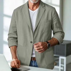 Men's Linen Blazer Blazer Business Cocktail Party Wedding Party Fashion Casual Spring & Fall Polyester Linen Plain Pocket Buttons Comfortable Single Breasted One-button Blazer Black Burgundy Dark