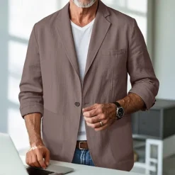Men's Linen Blazer Blazer Business Cocktail Party Wedding Party Fashion Casual Spring & Fall Polyester Linen Plain Pocket Buttons Comfortable Single Breasted One-button Blazer Black Burgundy Dark