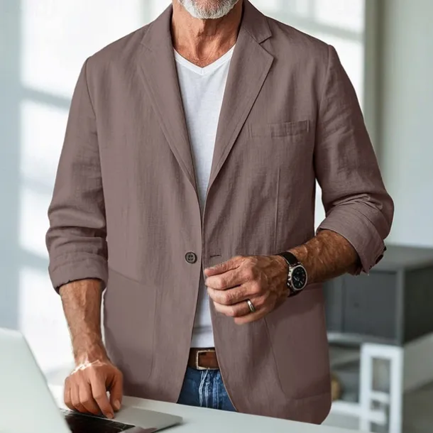 Men's Linen Blazer Blazer Business Cocktail Party Wedding Party Fashion Casual Spring & Fall Polyester Linen Plain Pocket Buttons Comfortable Single Breasted One-button Blazer Black Burgundy Dark