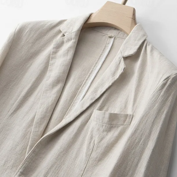 Men's Linen Blazer Blazer Business Cocktail Party Wedding Party Fashion Casual Spring & Fall Polyester Linen Plain Pocket Buttons Comfortable Single Breasted One-button Blazer Black Burgundy Dark