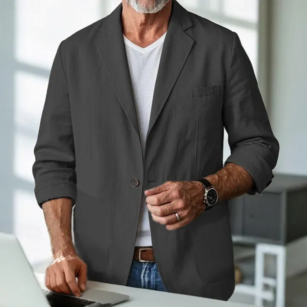 Men's Linen Blazer Blazer Business Cocktail Party Wedding Party Fashion Casual Spring & Fall Polyester Linen Plain Pocket Buttons Comfortable Single Breasted One-button Blazer Black Burgundy Dark
