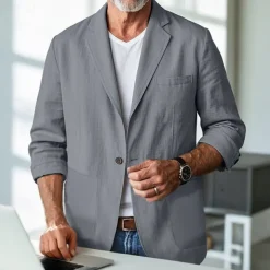 Men's Linen Blazer Blazer Business Cocktail Party Wedding Party Fashion Casual Spring & Fall Polyester Linen Plain Pocket Buttons Comfortable Single Breasted One-button Blazer Black Burgundy Dark