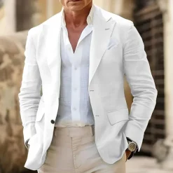 Men's Linen Blazer Business Fashion Casual Spring & Fall Polyester Linen Plain Pocket Buttons Comfortable Single Breasted Blazer White Light Green khaki