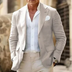 Men's Linen Blazer Business Fashion Casual Spring & Fall Polyester Linen Plain Pocket Buttons Comfortable Single Breasted Blazer White Light Green khaki