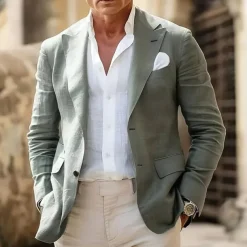 Men's Linen Blazer Business Fashion Casual Spring & Fall Polyester Linen Plain Pocket Buttons Comfortable Single Breasted Blazer White Light Green khaki