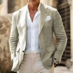 Men's Linen Blazer Business Fashion Casual Spring & Fall Polyester Linen Plain Pocket Buttons Comfortable Single Breasted Blazer White Light Green khaki