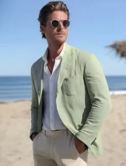 Men's Linen Blazer Sport Coat Notch Collar Lightweight Casual Solid Colored Linen Blazer Sage Light Grey Beige Tailored Fit Single Breasted One-button