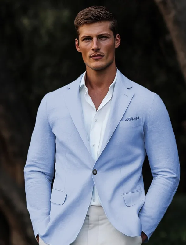 Men's Linen Blazer Sport Coat Wedding Guest Casual Daily Fashion All Seasons Linen Cotton Blend Solid Colored Basic Single Breasted Blazer Sky Blue Light Grey