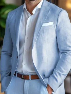 Men's Linen Blazer Sport Coat Notch Collar Fashion Casual Solid Colored Blazer Sky Blue Standard Fit Single Breasted One-button