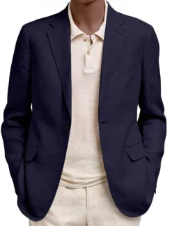 Men's Linen Blazer Sport Coat Notch Collar Fashion Solid Colored Blazer Lake blue Black Navy Blue Standard Fit Single Breasted One-button