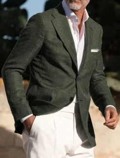 Men's Linen Blazer Sport Coat Notch Collar Fashion Casual Solid Colored Linen Blazer Dusty Blue Army Green Standard Fit Single Breasted Two-buttons