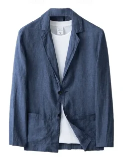 Men's Linen Blazer Suits Wedding Anniversary Vacation Elegant Neutral Spring & Fall Cotton Linen Solid Color Buttons Comfy Single Breasted Two-button Blazer Dark Gray Navy Blue