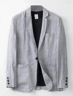 Men's Linen Blazer Suits Wedding Anniversary Vacation Elegant Neutral Spring & Fall Cotton Linen Solid Color Buttons Comfy Single Breasted One-button Blazer White Navy Blue Beige Gray