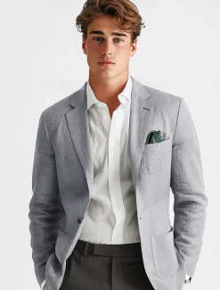 Men's Linen Blazer Suits Wedding Anniversary Vacation Elegant Neutral Spring & Fall Cotton Linen Solid Color Buttons Comfy Single Breasted One-button Blazer White Navy Blue Beige Gray