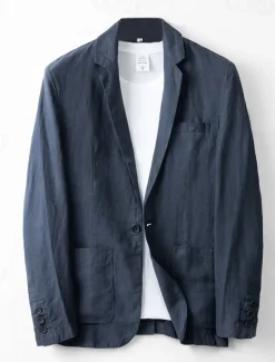 Men's Linen Blazer Suits Wedding Anniversary Vacation Elegant Neutral Spring & Fall Cotton Linen Solid Color Buttons Comfy Single Breasted One-button Blazer White Navy Blue Beige Gray