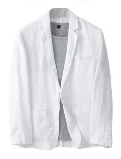 Men's Linen Blazer Suits Wedding Anniversary Vacation Elegant Neutral Spring & Fall Cotton Linen Solid Color Buttons Comfy Single Breasted One-button Blazer White Navy Blue Beige Gray