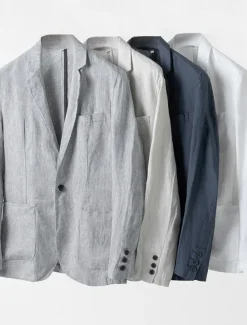 Men's Linen Blazer Suits Wedding Anniversary Vacation Elegant Neutral Spring & Fall Cotton Linen Solid Color Buttons Comfy Single Breasted One-button Blazer White Navy Blue Beige Gray