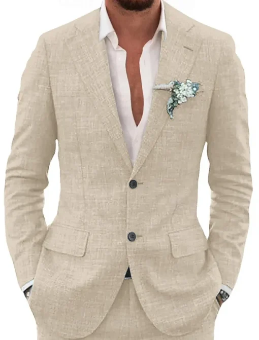 Men's Linen Linen Suits Notch Sky Blue Beige Solid Colored Tailored Fit 2 Piece Single Breasted Two-buttons