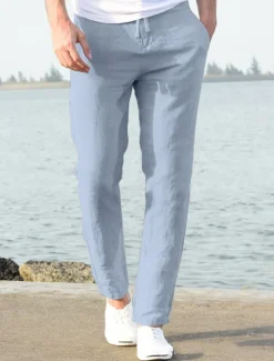 Men's Linen Pants Beach Pants Black White Blue M L XL