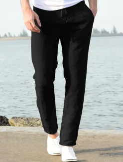 Men's Linen Pants Beach Pants Black White Blue M L XL