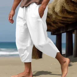 Men's Linen Pants Capri Pants Pocket Drawstring Elastic Waist Plain Comfort Breathable Calf-Length Vacation Daily Holiday Hawaiian Boho ArmyGreen Black
