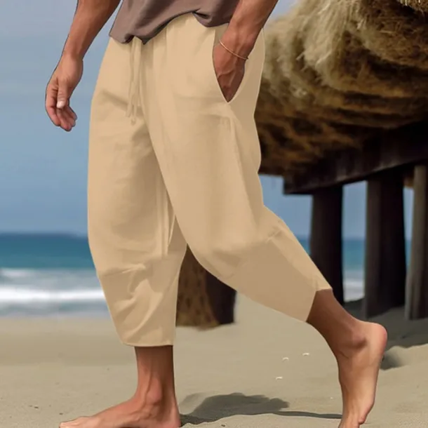 Men's Linen Pants Capri Pants Pocket Drawstring Elastic Waist Plain Comfort Breathable Calf-Length Vacation Daily Holiday Hawaiian Boho ArmyGreen Black