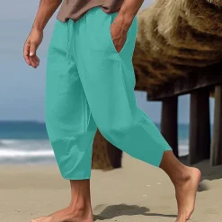 Men's Linen Pants Capri Pants Pocket Drawstring Elastic Waist Plain Comfort Breathable Calf-Length Vacation Daily Holiday Hawaiian Boho ArmyGreen Black