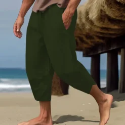 Men's Linen Pants Capri Pants Pocket Drawstring Elastic Waist Plain Comfort Breathable Calf-Length Vacation Daily Holiday Hawaiian Boho ArmyGreen Black