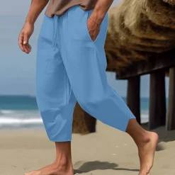 Men's Linen Pants Capri Pants Pocket Drawstring Elastic Waist Plain Comfort Breathable Calf-Length Vacation Daily Holiday Hawaiian Boho ArmyGreen Black