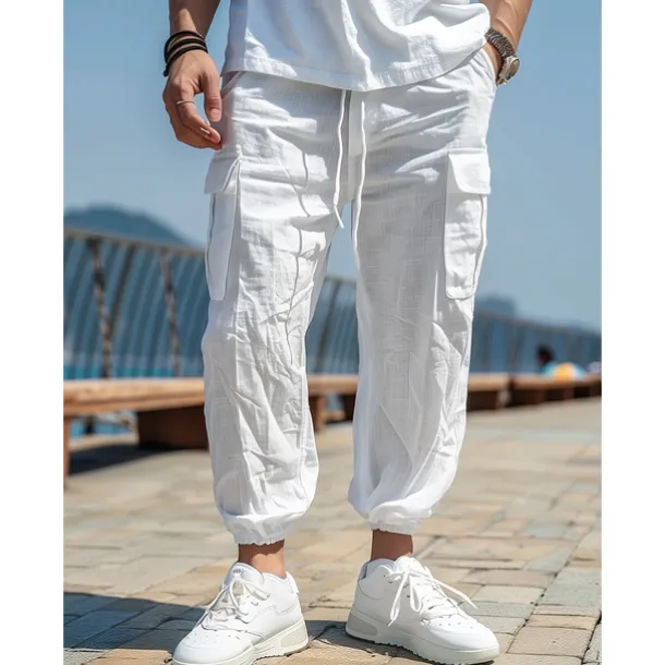 Men's Linen Pants Cargo Joggers Trousers Summer Pants Beach Pants Drawstring Elastic Waist Multi Pocket Plain Comfort Breathable Casual Daily Holiday Fashion Classic Style Black White