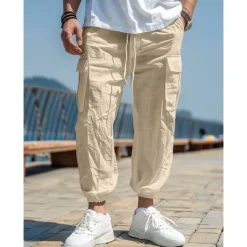 Men's Linen Pants Cargo Joggers Trousers Summer Pants Beach Pants Drawstring Elastic Waist Multi Pocket Plain Comfort Breathable Casual Daily Holiday Fashion Classic Style Black White