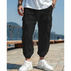 Men's Linen Pants Cargo Joggers Trousers Summer Pants Beach Pants Drawstring Elastic Waist Multi Pocket Plain Comfort Breathable Casual Daily Holiday Fashion Classic Style Black White