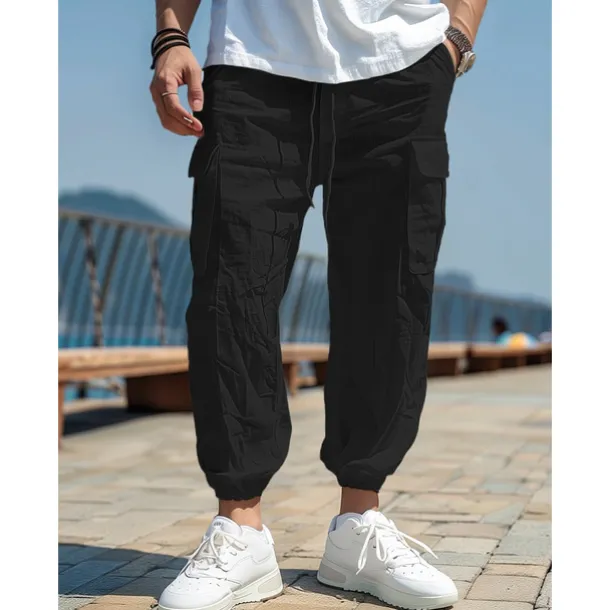 Men's Linen Pants Cargo Joggers Trousers Summer Pants Beach Pants Drawstring Elastic Waist Multi Pocket Plain Comfort Breathable Casual Daily Holiday Fashion Classic Style Black White