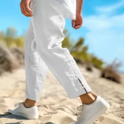 Men's Linen Pants Summer Pants Cropped Pants Beach Pants Drawstring Elastic Waist Plain Comfort Breathable Calf-Length Casual Daily Holiday Fashion Classic Style Black White