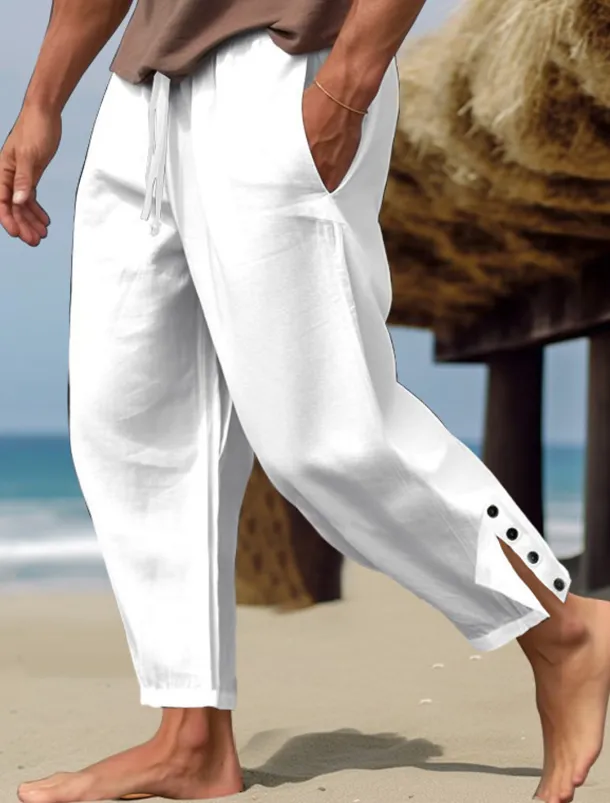 Men's Linen Pants Trousers Summer Pants Beach Pants Buttons Drawstring Elastic Waist Plain Comfort Breathable Full Length Casual Daily Holiday Fashion Classic Style White Blue