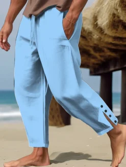 Men's Linen Pants Trousers Summer Pants Beach Pants Buttons Drawstring Elastic Waist Plain Comfort Breathable Full Length Casual Daily Holiday Fashion Classic Style White Blue