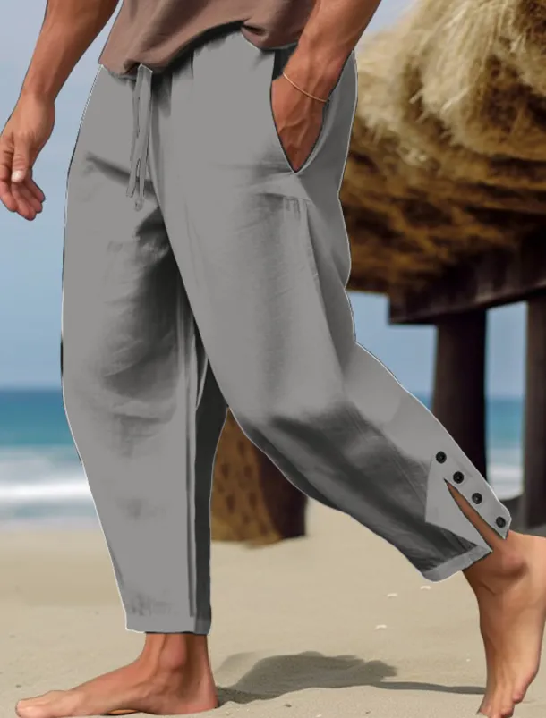 Men's Linen Pants Trousers Summer Pants Beach Pants Buttons Drawstring Elastic Waist Plain Comfort Breathable Full Length Casual Daily Holiday Fashion Classic Style White Blue