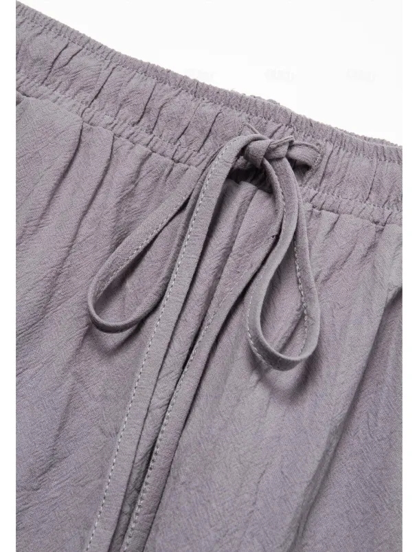 Men's Linen Pants Trousers Summer Pants Beach Pants Buttons Drawstring Elastic Waist Plain Comfort Breathable Full Length Casual Daily Holiday Fashion Classic Style White Blue