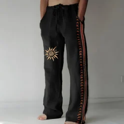 Men's Linen Pants Trousers Summer Pants Beach Pants Drawstring Elastic Waist 3D Print Geometric Pattern Graphic Prints Comfort Casual Daily Holiday Vintage Ethnic Style Black Navy Blue